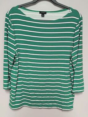 Ann Taylor Green & White Striped Boatneck Long Sleeve Top
